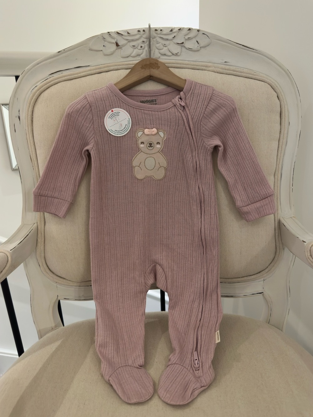 🧸 6~9 Mth Dusty Rose Ribbed Knit Baby One-Piece Footie with Cute Teddy Bear NWT